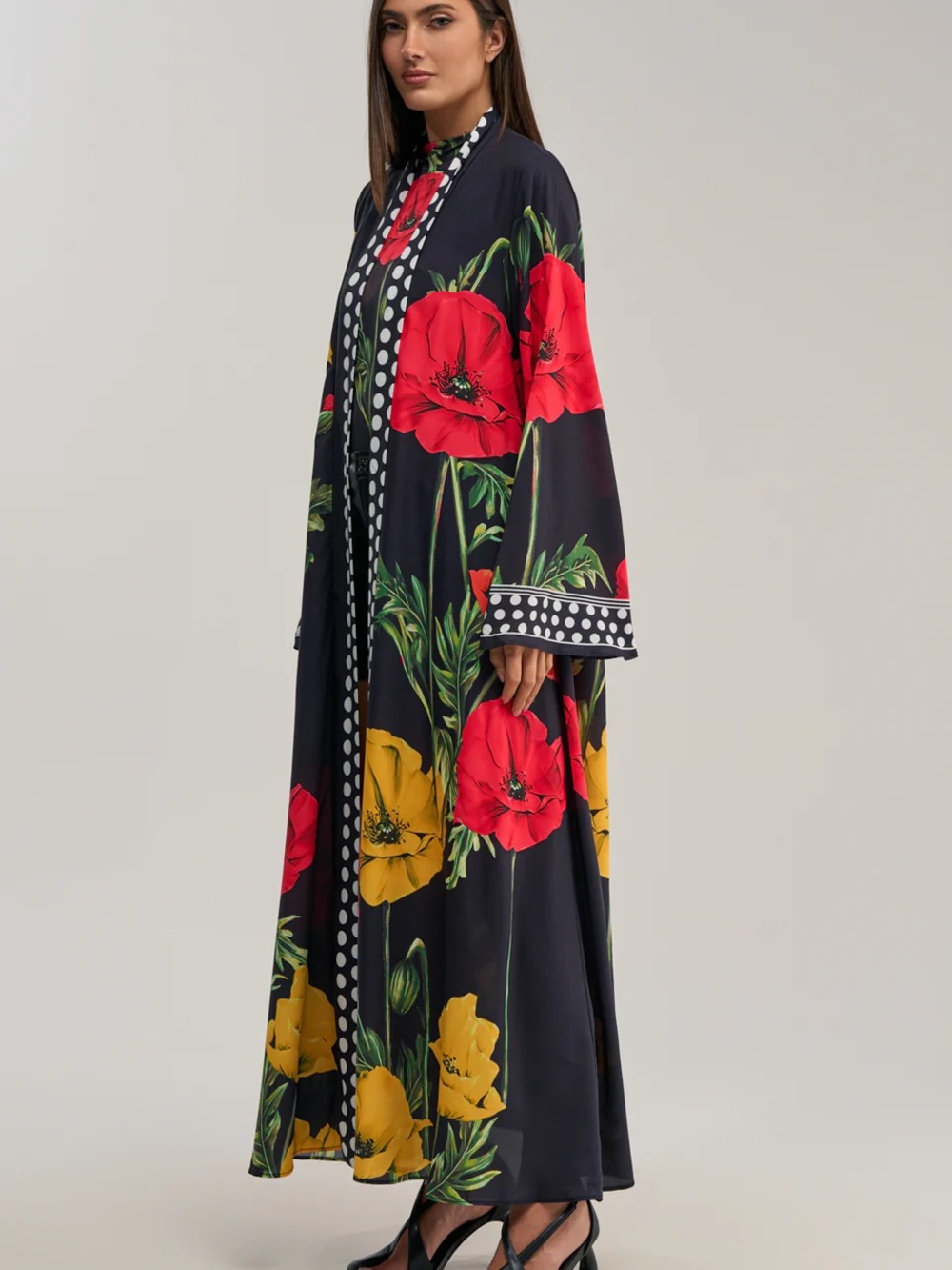 Akira Black Floral Maxi Duster Resort Cover Up Red & Yellow Poppies Size L XL - Picture 3 of 3